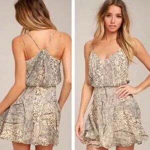 NWT Lulus Tanis Beige Animal Print Skater Mini Dress, Size S